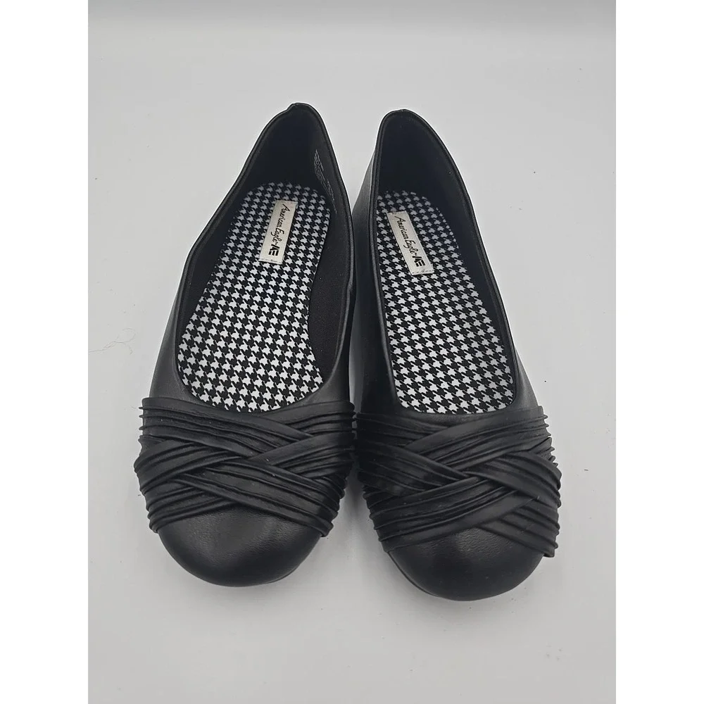American Eagle Girls Size 2.5 Black Ballet Flats Pleated Crisscross Coquette